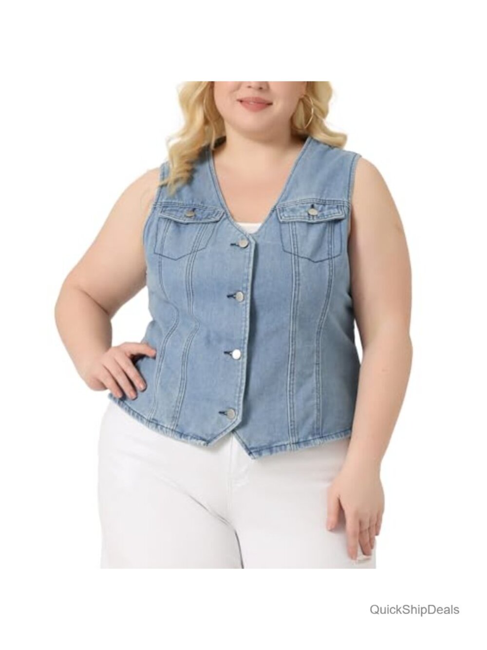 Plus Size Denim Vest for Women Sleeveless Utility Jean Jacket Vests Button